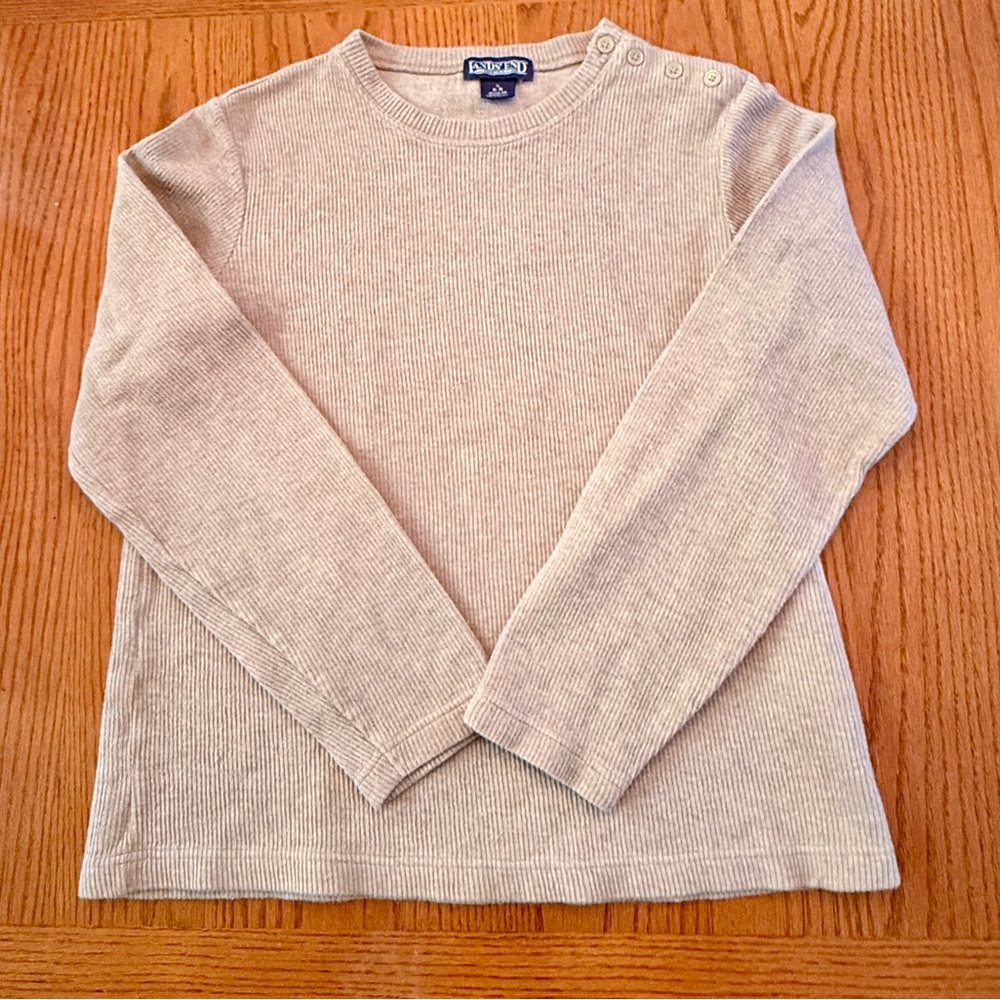 Lands End Ribbed Knit Sweater S 6-8 Beige Cotton Button Shoulder Coastal Grandma